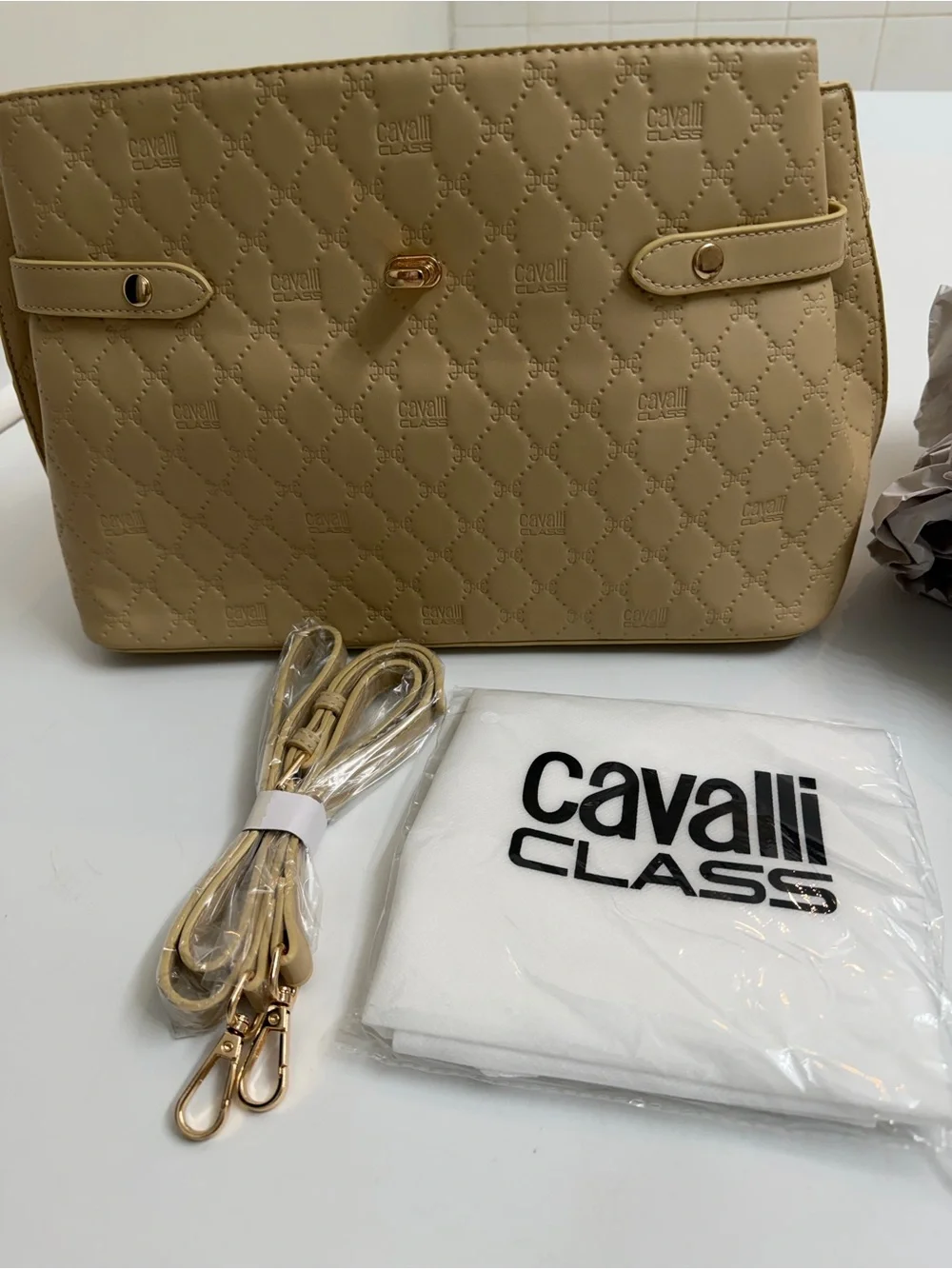 Cavalli Class Tatiana Quilted Top Handle Bag Almond NWT Strap + Dust Bag